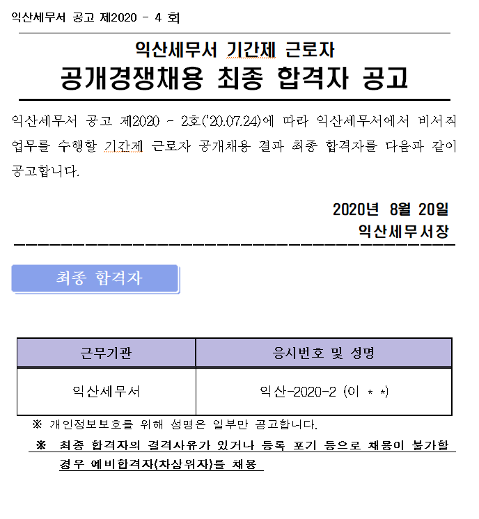 기간제 최종합격자 공고